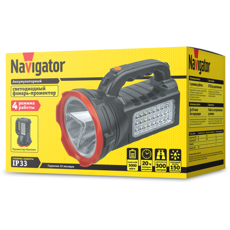 Фонарь-прожектор/кемпинг 3Вт (1led) + 3Вт (24led), 4 режима работы, до 300м, до 12ч, Lead-acid 4.4в 3Ач Navigator (NPT-SP27-ACCU)