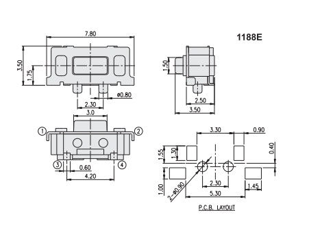 Кнопка тактовая 1188E-1K2-V-T/R  7,8x3,0x3.5мм