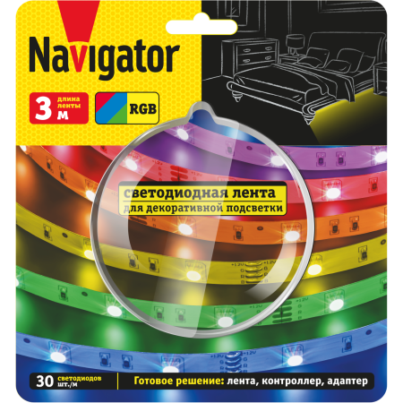Комплект светодиодной ленты Navigator NLS-SET-01 (12V, 30led/m, RGB, 3м, контроллер, блок питания, IP20) 95143