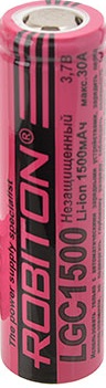 Аккумулятор Robiton 18650 LGC1500 (Li-ion, 3.7V, 1500mAh) max ток разряда 30A, без контроллера, плоский контакт 
