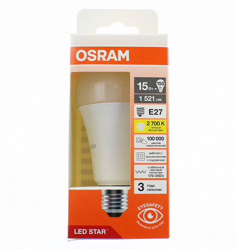 Лампа "груша" светодиодная OSRAM LED Star 15Вт, 1521лм, 2700К, E27 (замена 150Вт)