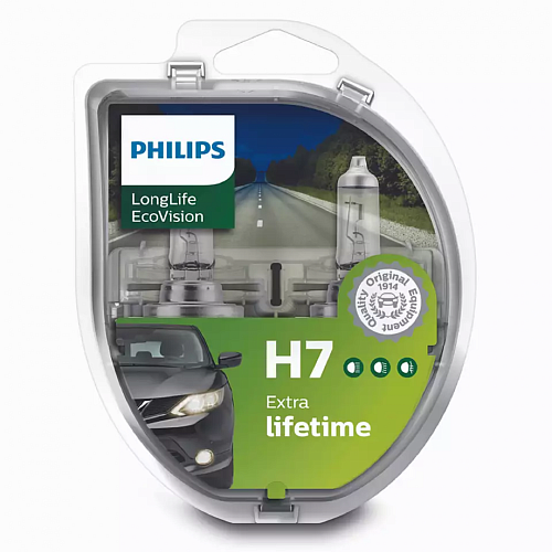 Галогенная лампа головного света H7 Philips LongLife EcoVision 3100K 12V 55W PX26d 12972LLECOS2 2шт