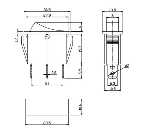Переключатель клавишный KCD3-103-C6-B/3P on-off-on черный 