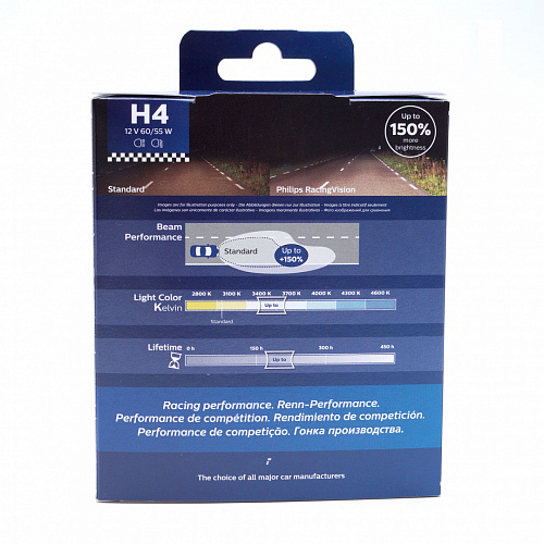 Галогенная лампа головного света  H4 12V 60/55W P43T RacingVision+150% 12342 RVS22шт (Philips) 