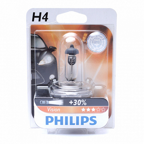 Галогенная лампа головного света H4 Philips Vision+30% 3200К 12V 60/55W P43t-38 12342PRB1 блистер