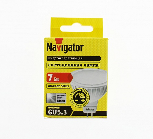 Лампа диммируемая Navigator NLL-MR16-7-230-4K-GU5.3-DIMM (аналог 50Вт, 560лм, белый)