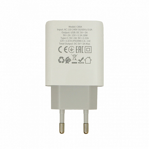 Сетевой адаптер HOCO C80A PD + QC 3.0/ 2 USB: Type-A + Type-C/ Выход: 5V_9V_12V, 20W/ White