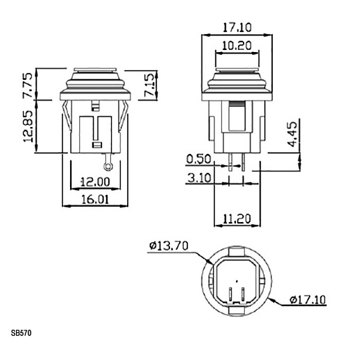 Переключатель кнопочный SB570-R IP65 off-(on) красный