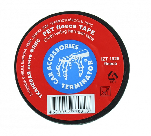 Изолента Terminator IZT1925 fleece черная тканевая, 19мм x 25м х 0.35мм