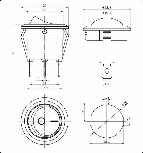 Переключатель клавишный KCD1-101N-8-C3-R/3P on-off красный