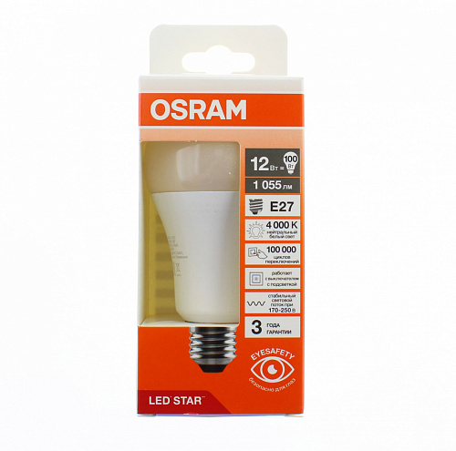 Лампа "груша" светодиодная OSRAM LED Star 12Вт, 1055лм, 4000К, E27 (замена 100Вт)