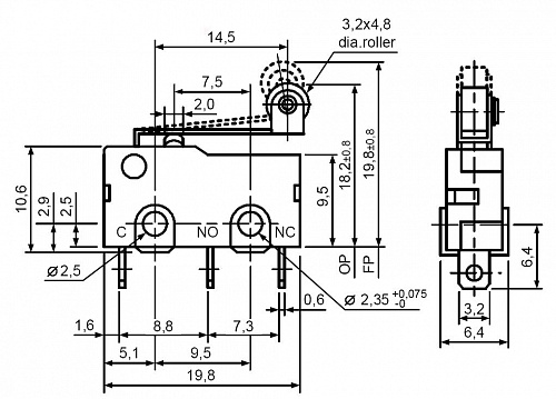 Микропереключатель SM5-05N-115-G45 on-(on) (3A/250V)