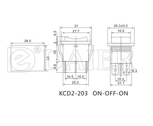 Переключатель клавишный KCD2-203-6C on-off-on черный