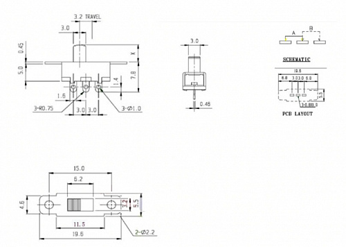 Переключатель движковый SS12F15 G6 1P2T