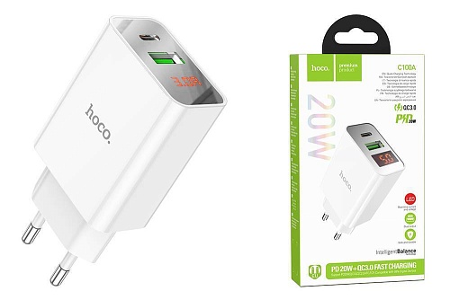 Зарядное устройство Hoco C100А (20W, QС3.0) Белый, USB-A + USB Type-C