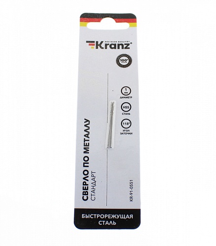 Сверло по металлу Kranz 1.0x34x12 мм HSS, «Кобальт» 2 шт