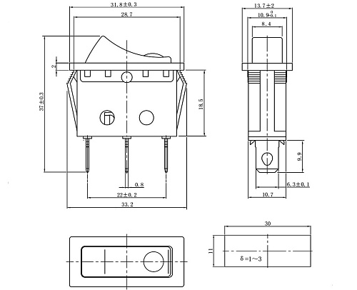 Переключатель клавишный KCD3-101EN-B/3P on-off черный