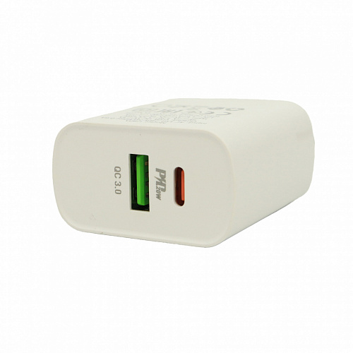 Сетевой адаптер HOCO C80A PD + QC 3.0/ 2 USB: Type-A + Type-C/ Выход: 5V_9V_12V, 20W/ White