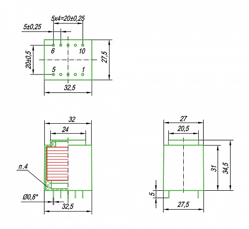 Трансформатор ТПГ4-9 4VA 220V 9V 440mA