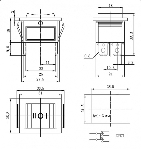 Переключатель клавишный KCD4-203N-C6-R/6P on-off-on красный