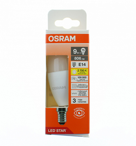 Лампа "свеча" светодиодная OSRAM LED Star 9Вт, 806лм, 2700К, E14 (замена 75Вт)