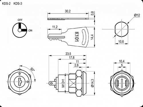 Переключатель поворотный KDS-3 on-off ключ-выключатель