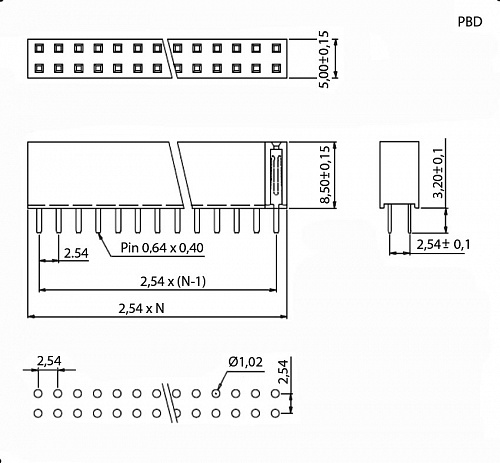 PBD-20 (2x10) шаг 2,54мм, Разъем штыревой