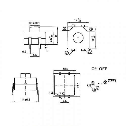 Кнопка тактовая 1212-114C 12.0x12.0x6,6мм on-off