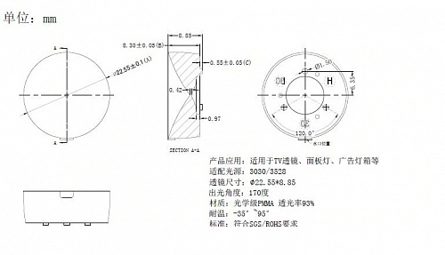 Светодиод Линза D225X88H (180°, SMD 3528/3535, diffuse)