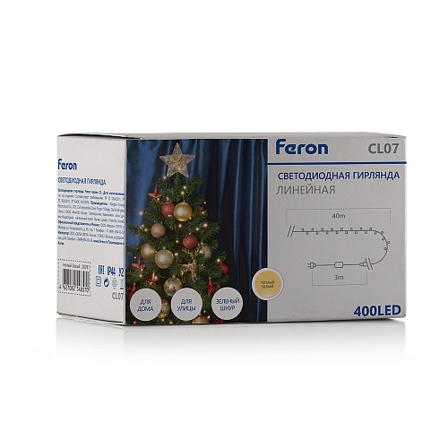 Гирлянда 230V 400 LED 40м, 2700K, IP44, шнур 3м, CL07 линейная
