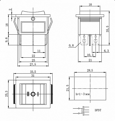 Переключатель клавишный KCD4-203N-C6-R/6P on-off-on красный