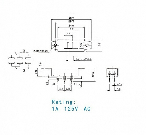 Переключатель движковый SS22J03 2P2T