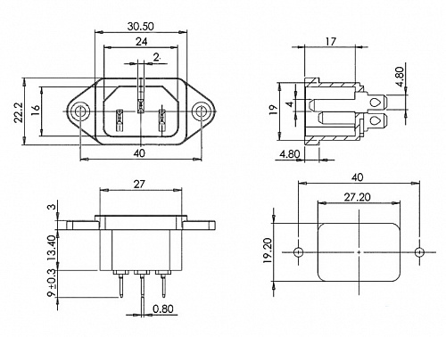 AC-016 вилка на корпус (220В) 3 контакта, Разъем питания