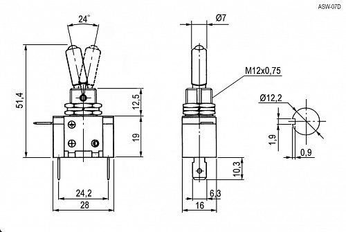 Тумблер ASW-07D R-LED 12V on-off