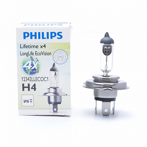 Галогенная лампа головного света H4 Philips LongLife EcoVision 3100К 12V 60/55W P43t-38 12342LLECOC1