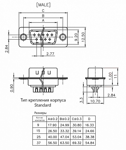 DB-25M вилка на кабель, Разъём