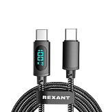 Шнур USB type C  - USB type C, 100Вт, 1,0м Rexant черный, в нейлоновой оплетке, с LED дисплеем
