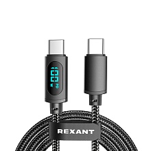 Шнур USB type C  - USB type C, 100Вт, 1,0м Rexant черный, в нейлоновой оплетке, с LED дисплеем