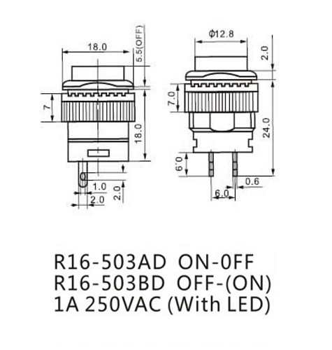 Переключатель кнопочный R16-503AD-Y Lock желтый