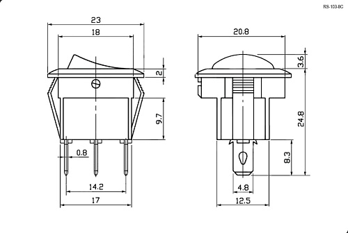 Переключатель клавишный RS-103-8C on-off-on чёрный