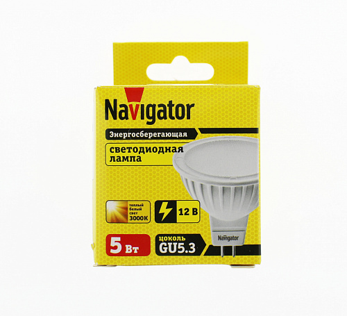 Лампа низковольтная Navigator NLL-MR16-5-12-3K-GU5.3 (12В, аналог 35Вт, 360лм, теплый белый)