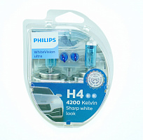 Галогенная лампа головного света H4 Philips WhiteVision ultra 4200К 12V 60/55W P43t-38 12342WVUSM 2шт