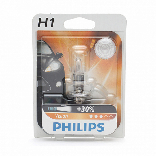 Галогенная лампа головного света H1 Philips Vision+30% 3200K 12V 55W P14.5s 12258PRB1 блистер 1