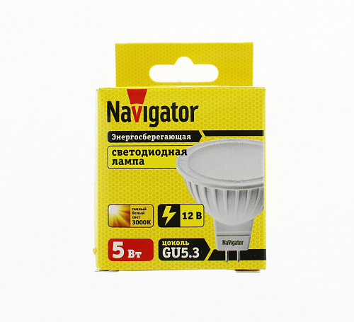 Лампа низковольтная Navigator NLL-MR16-5-12-3K-GU5.3 (12В, аналог 35Вт, 360лм, теплый белый)