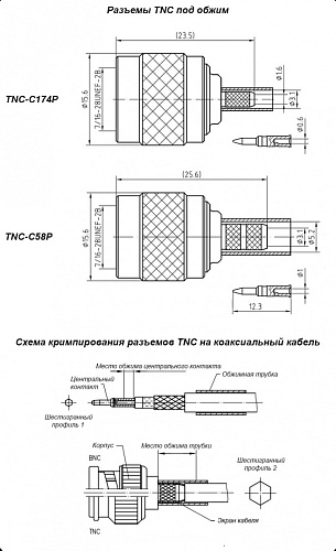TNC-C174P штекер на кабель RG174 (обжим), Разъём высокочастотный