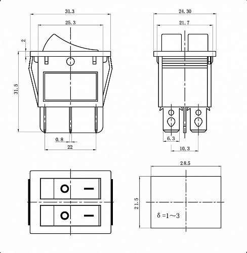 Переключатель клавишный KCD4-2101N-C3-R/6P on-off красный-красный