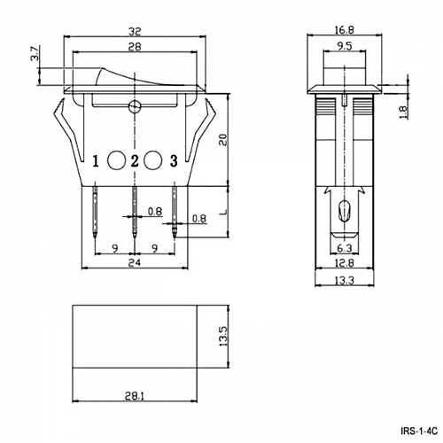 Переключатель клавишный IRS-1-4C on-off  красный