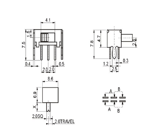 Переключатель движковый SK22D07 2P2T