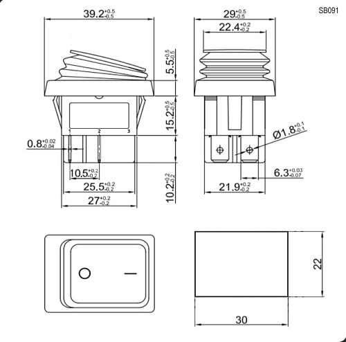 Переключатель клавишный SB091 IP65 12V 22x30mm on-off красный