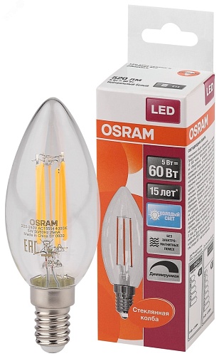Лампа OSRAM "свеча" OSRAM LS CLB60D 5W 4000К 230V FR E14 FS1 диммируемая филаментная